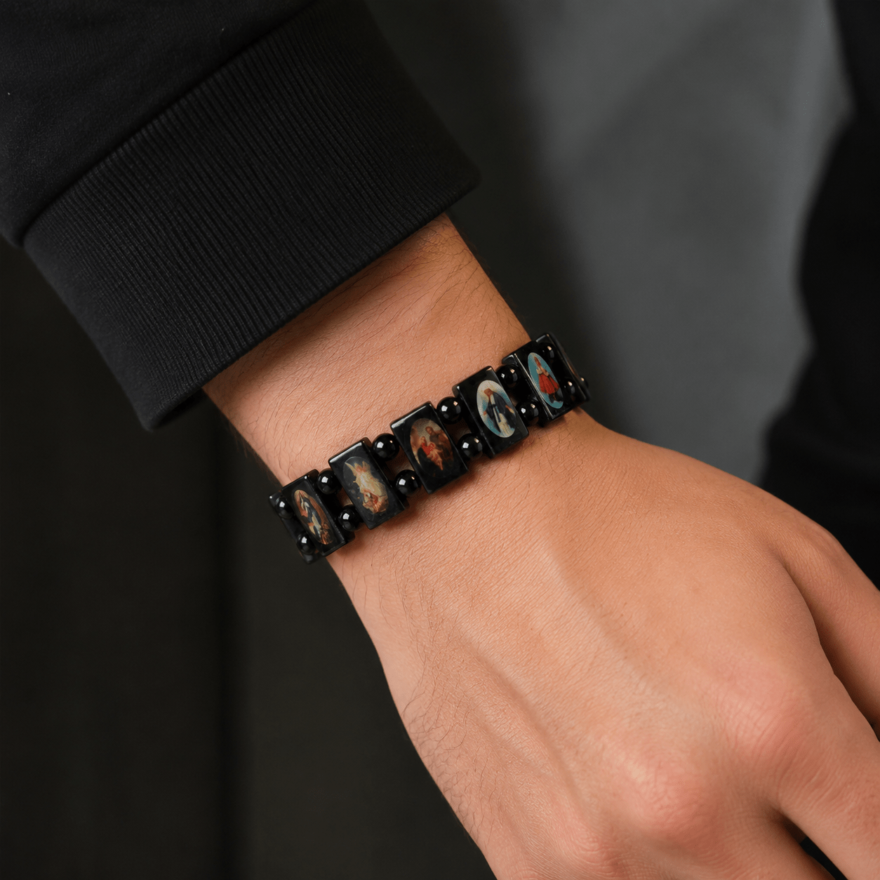 Unisex Natural Hematite Saint Icon Vintage Beaded Bracelet